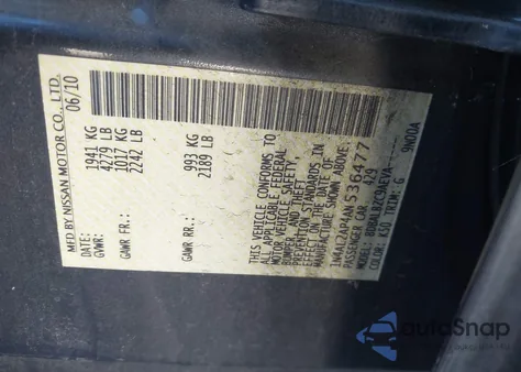 2010 Nissan Altima 2.5 S z USA, uszkodzony, nr VIN 1N4AL2AP4AN536477